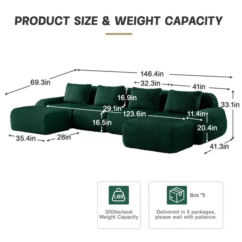 146 Canapé modulable en U, flanelle, 4 places, avec pouf, boucle, aucun assemblage requis, vert
