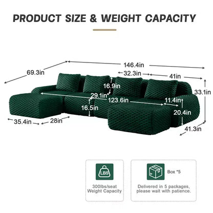 146 Canapé modulable en U, flanelle, 4 places, avec pouf, boucle, aucun assemblage requis, vert