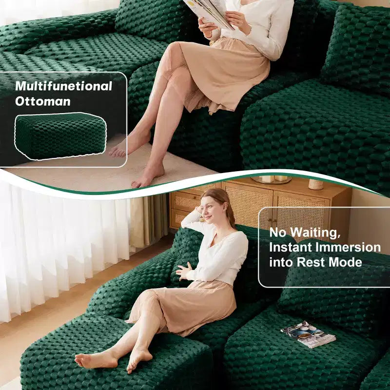 146 Canapé modulable en U, flanelle, 4 places, avec pouf, boucle, aucun assemblage requis, vert
