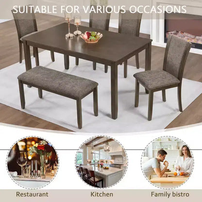 Ensemble de salle à manger 6 pièces GDFStudio Eira Farmhouse avec table rectangulaire en bois d'hévéa, 1 banc et 4 chaises rembourrées en lin