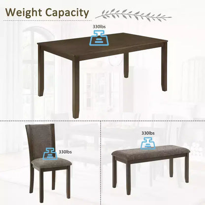 Ensemble de salle à manger 6 pièces GDFStudio Eira Farmhouse avec table rectangulaire en bois d'hévéa, 1 banc et 4 chaises rembourrées en lin