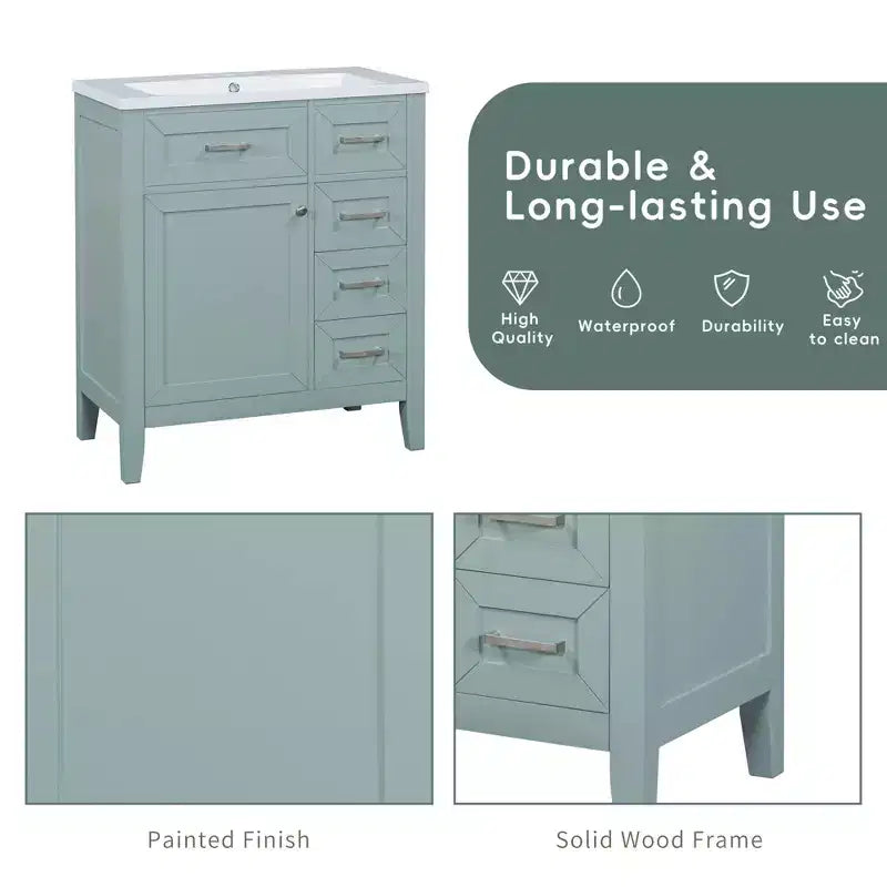 MAYEERTY 30 Bathroom Vanity without Sink Cabinet Base Solid Frame MDF Drawers Green
