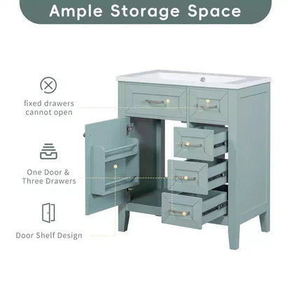 MAYEERTY 30 Bathroom Vanity without Sink Cabinet Base Solid Frame MDF Drawers Green