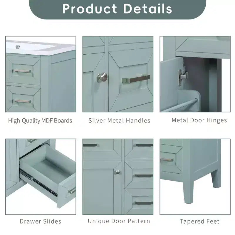 MAYEERTY 30 Bathroom Vanity without Sink Cabinet Base Solid Frame MDF Drawers Green