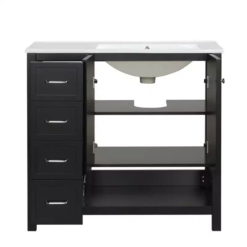 MAYEERTY Meuble-lavabo de salle de bain 36" avec dessus de lavabo 2 portes 2 tiroirs Bois massif Étagère ouverte MDF Noir