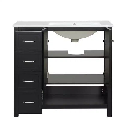 MAYEERTY Meuble-lavabo de salle de bain 36" avec dessus de lavabo 2 portes 2 tiroirs Bois massif Étagère ouverte MDF Noir