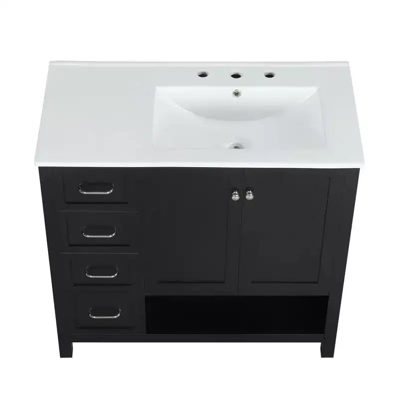 MAYEERTY Meuble-lavabo de salle de bain 36" avec dessus de lavabo 2 portes 2 tiroirs Bois massif Étagère ouverte MDF Noir