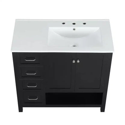 MAYEERTY Meuble-lavabo de salle de bain 36" avec dessus de lavabo 2 portes 2 tiroirs Bois massif Étagère ouverte MDF Noir