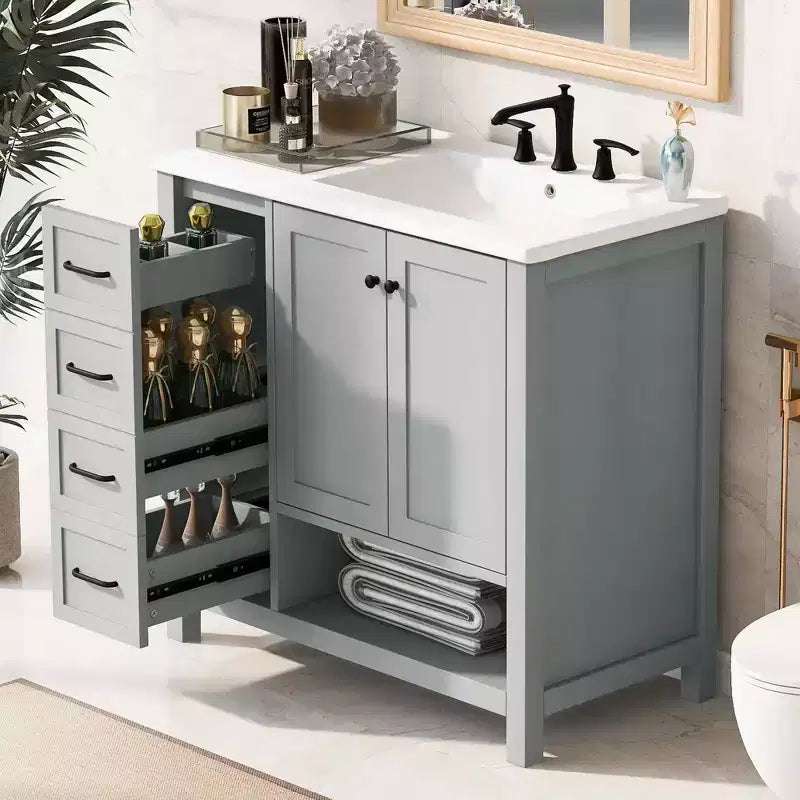 MAYEERTY Meuble-lavabo de salle de bain 36" avec dessus de lavabo 2 portes 2 tiroirs Bois massif Étagère ouverte MDF Noir