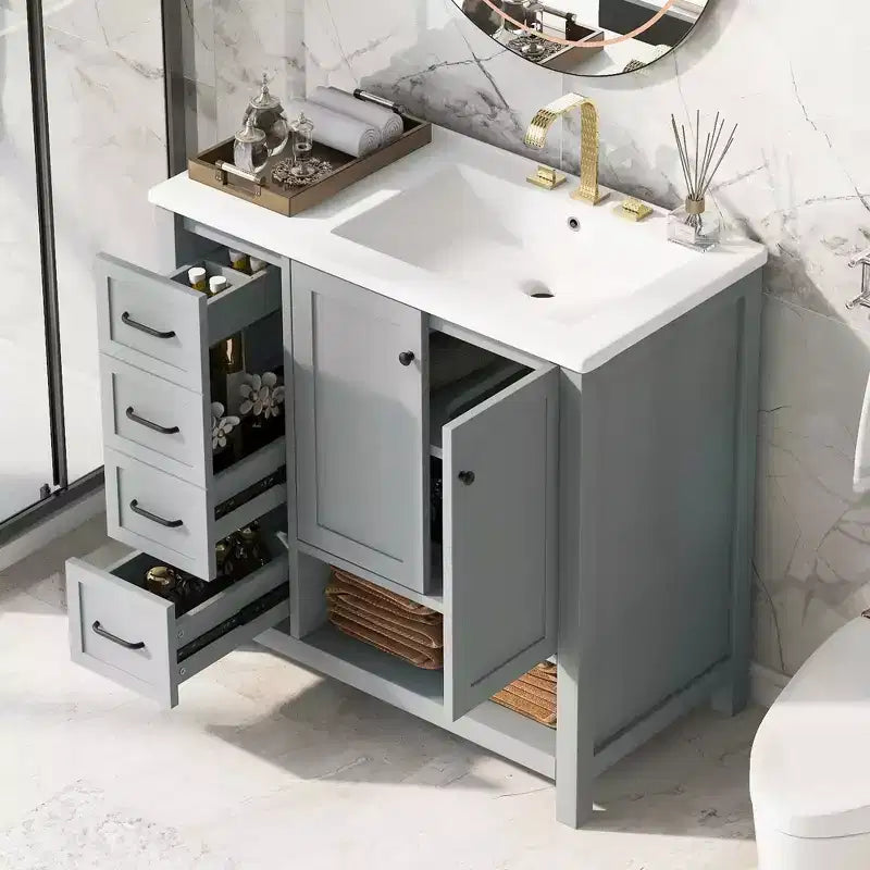 MAYEERTY Meuble-lavabo de salle de bain 36" avec dessus de lavabo 2 portes 2 tiroirs Bois massif Étagère ouverte MDF Noir