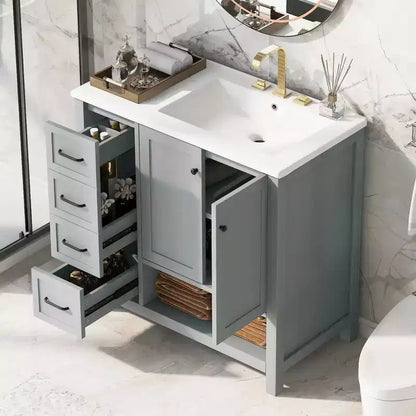 MAYEERTY Meuble-lavabo de salle de bain 36" avec dessus de lavabo 2 portes 2 tiroirs Bois massif Étagère ouverte MDF Noir