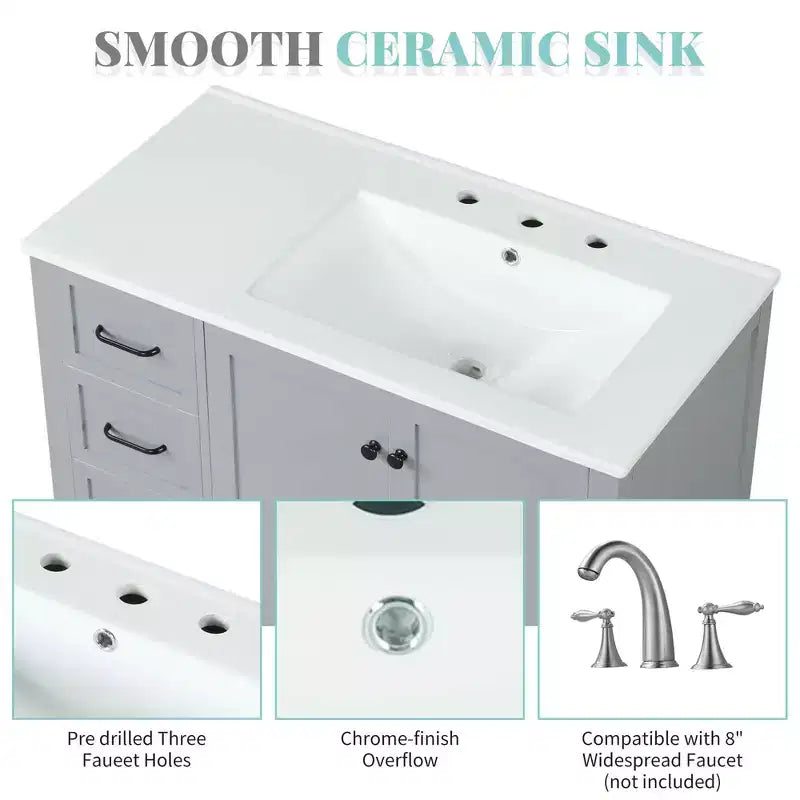 MAYEERTY Meuble-lavabo de salle de bain 36" avec dessus de lavabo 2 portes 2 tiroirs Bois massif Étagère ouverte MDF Noir