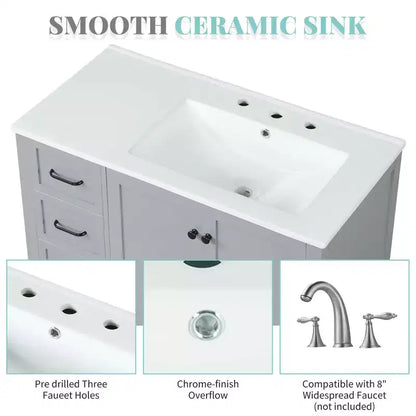 MAYEERTY Meuble-lavabo de salle de bain 36" avec dessus de lavabo 2 portes 2 tiroirs Bois massif Étagère ouverte MDF Noir