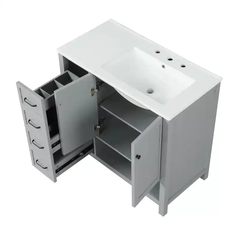 MAYEERTY Meuble-lavabo de salle de bain 36" avec dessus de lavabo 2 portes 2 tiroirs Bois massif Étagère ouverte MDF Noir