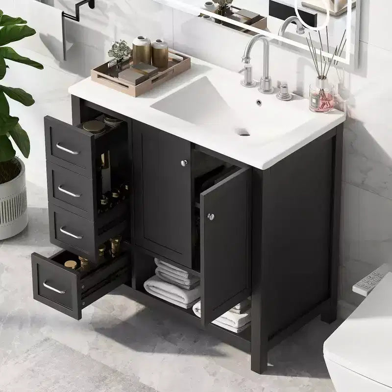 MAYEERTY Meuble-lavabo de salle de bain 36" avec dessus de lavabo 2 portes 2 tiroirs Bois massif Étagère ouverte MDF Noir