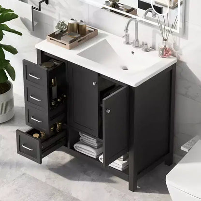 MAYEERTY Meuble-lavabo de salle de bain 36" avec dessus de lavabo 2 portes 2 tiroirs Bois massif Étagère ouverte MDF Noir