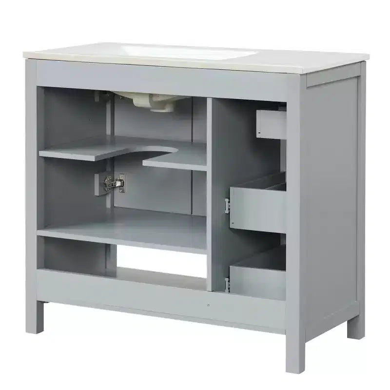 MAYEERTY Meuble-lavabo de salle de bain 36" avec dessus de lavabo 2 portes 2 tiroirs Bois massif Étagère ouverte MDF Noir