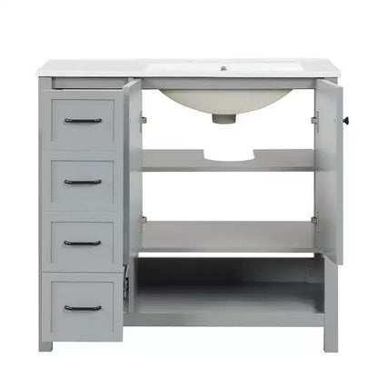 MAYEERTY Meuble-lavabo de salle de bain 36" avec dessus de lavabo 2 portes 2 tiroirs Bois massif Étagère ouverte MDF Noir