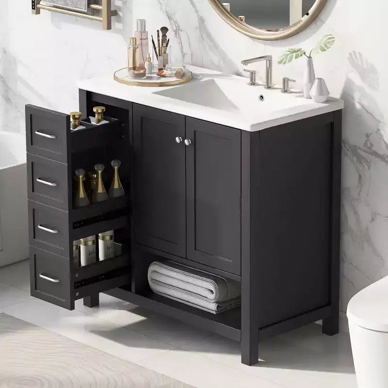 MAYEERTY Meuble-lavabo de salle de bain 36" avec dessus de lavabo 2 portes 2 tiroirs Bois massif Étagère ouverte MDF Noir