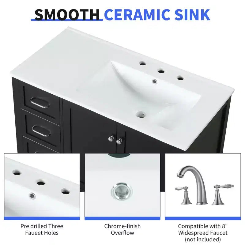MAYEERTY Meuble-lavabo de salle de bain 36" avec dessus de lavabo 2 portes 2 tiroirs Bois massif Étagère ouverte MDF Noir