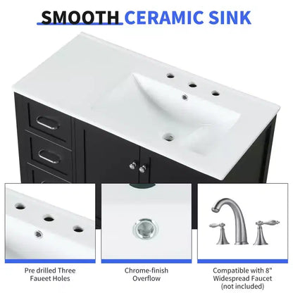 MAYEERTY Meuble-lavabo de salle de bain 36" avec dessus de lavabo 2 portes 2 tiroirs Bois massif Étagère ouverte MDF Noir
