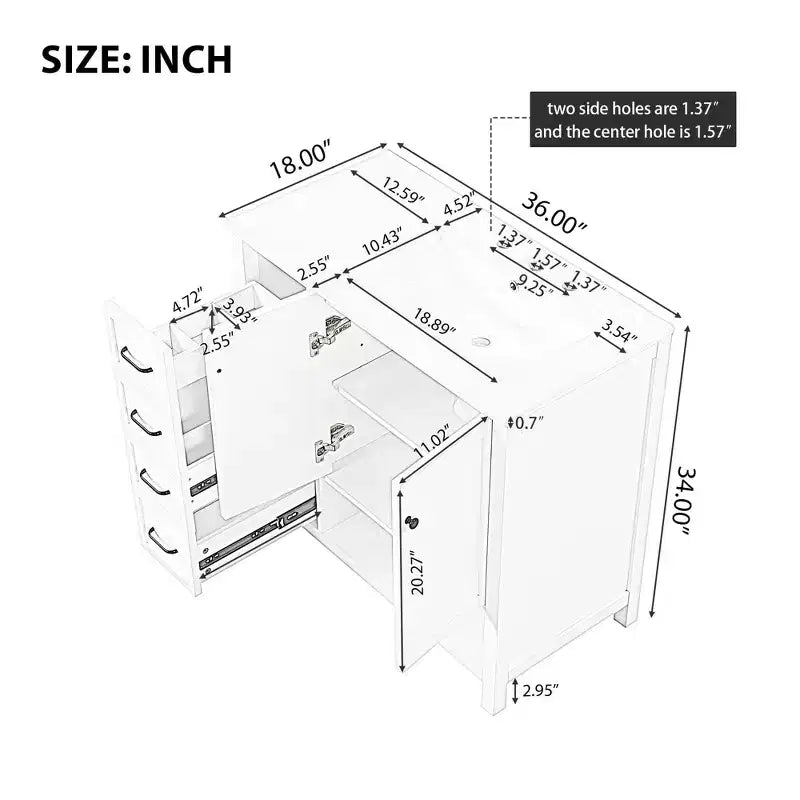 MAYEERTY Meuble-lavabo de salle de bain 36" avec dessus de lavabo 2 portes 2 tiroirs Bois massif Étagère ouverte MDF Noir