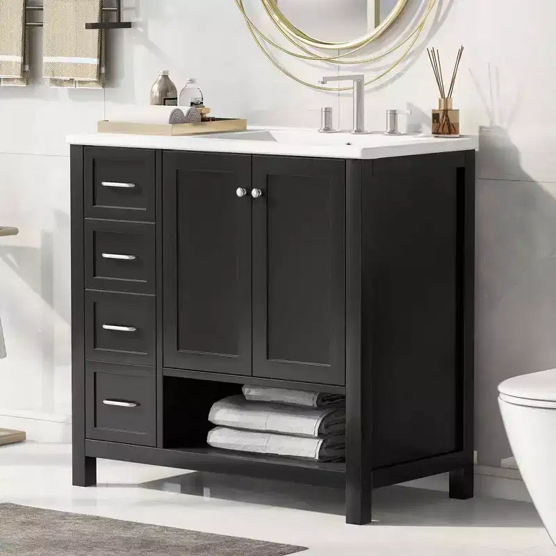 MAYEERTY 36 Bathroom Vanity with Sink Top 2 Doors 2 Drawers Solid Wood Open Shelf MDF Black