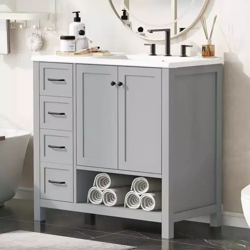 MAYEERTY Meuble-lavabo de salle de bain 36" avec dessus de lavabo 2 portes 2 tiroirs Bois massif Étagère ouverte MDF Noir
