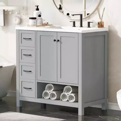 MAYEERTY Meuble-lavabo de salle de bain 36" avec dessus de lavabo 2 portes 2 tiroirs Bois massif Étagère ouverte MDF Noir
