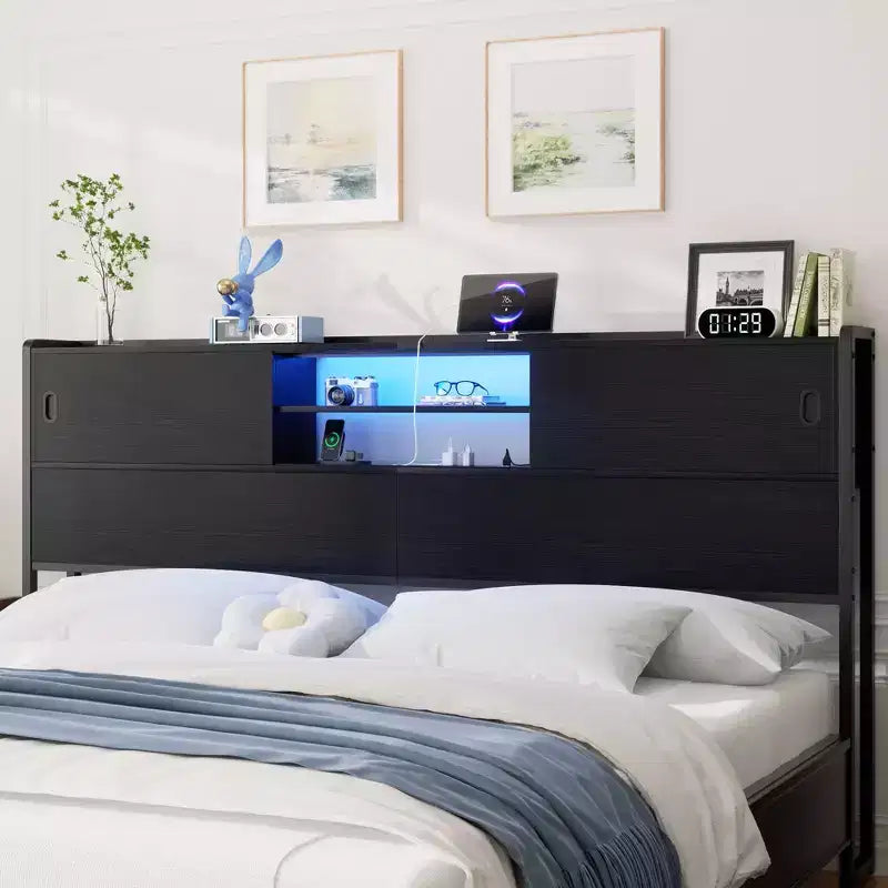 Besiost Storage Headboard with Sliding Doors and Charging Station