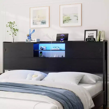 Besiost Storage Headboard with Sliding Doors and Charging Station