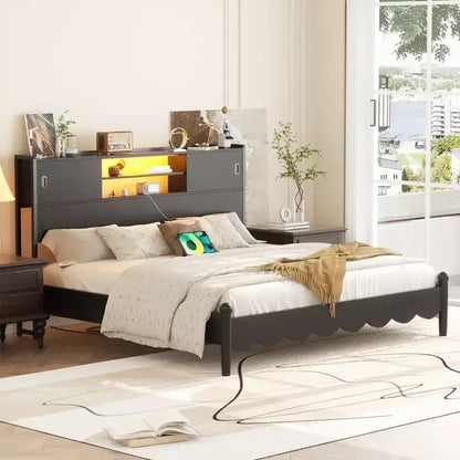 Besiost Storage Headboard with Sliding Doors and Charging Station