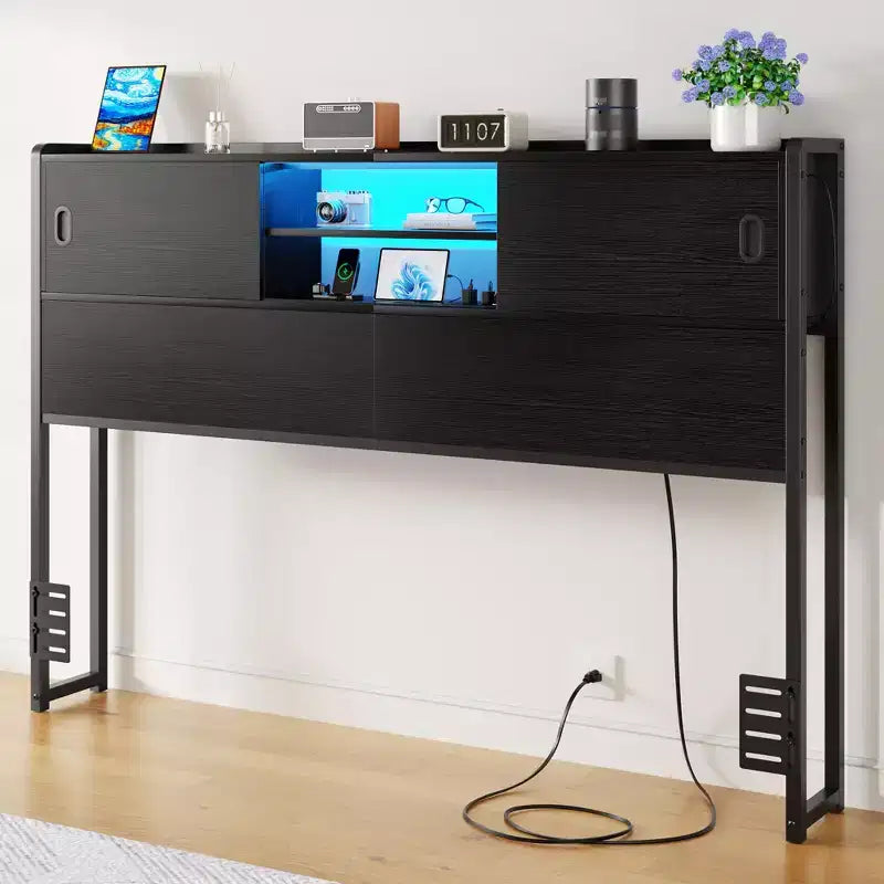 Besiost Storage Headboard with Sliding Doors and Charging Station