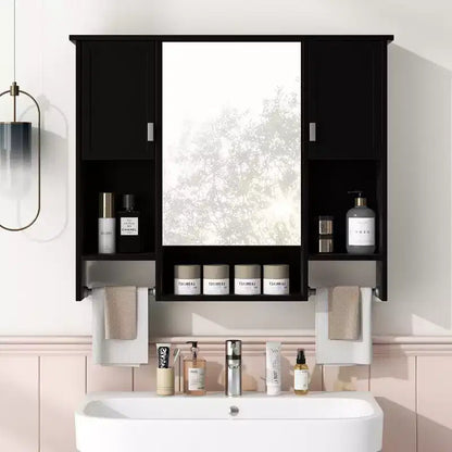 MAYEERTY 28.7 Wall Mounted Bathroom Mirror Cabinet with Concealed Storage 6 Open Shelves Medicine Cabinet Black