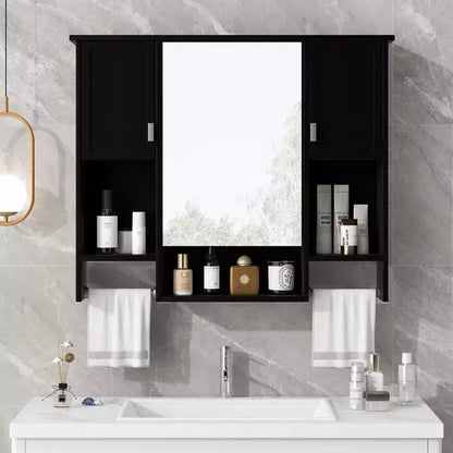 MAYEERTY 28.7 Wall Mounted Bathroom Mirror Cabinet with Concealed Storage 6 Open Shelves Medicine Cabinet Black