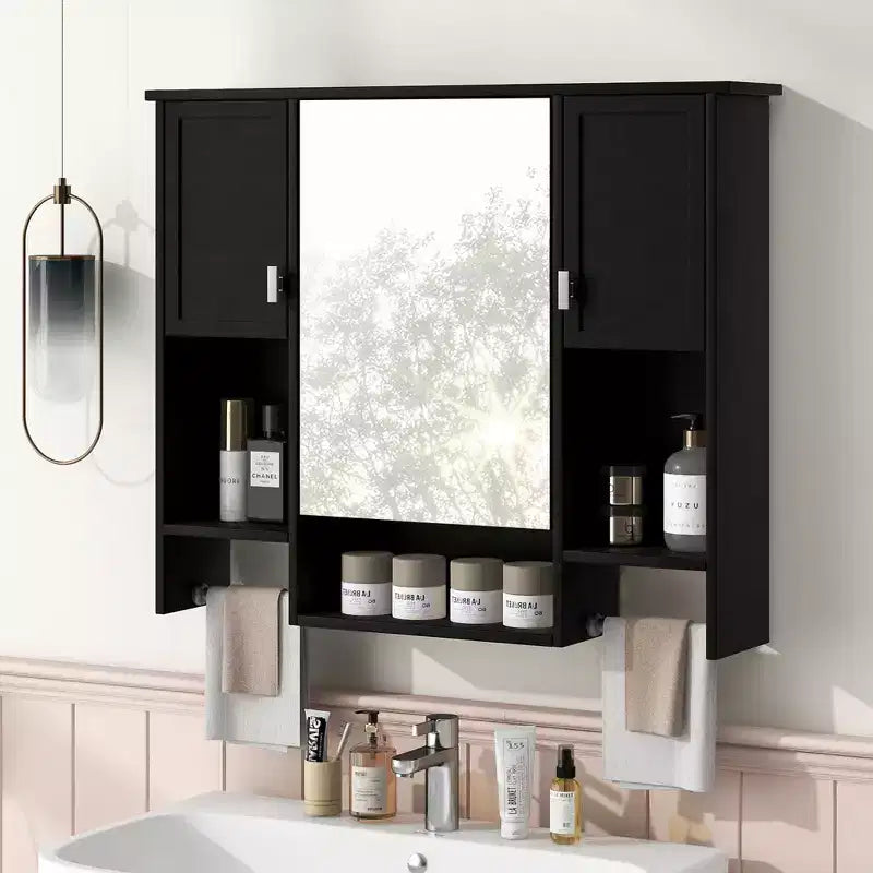 MAYEERTY 28.7 Wall Mounted Bathroom Mirror Cabinet with Concealed Storage 6 Open Shelves Medicine Cabinet Black