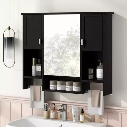 MAYEERTY 28.7 Wall Mounted Bathroom Mirror Cabinet with Concealed Storage 6 Open Shelves Medicine Cabinet Black