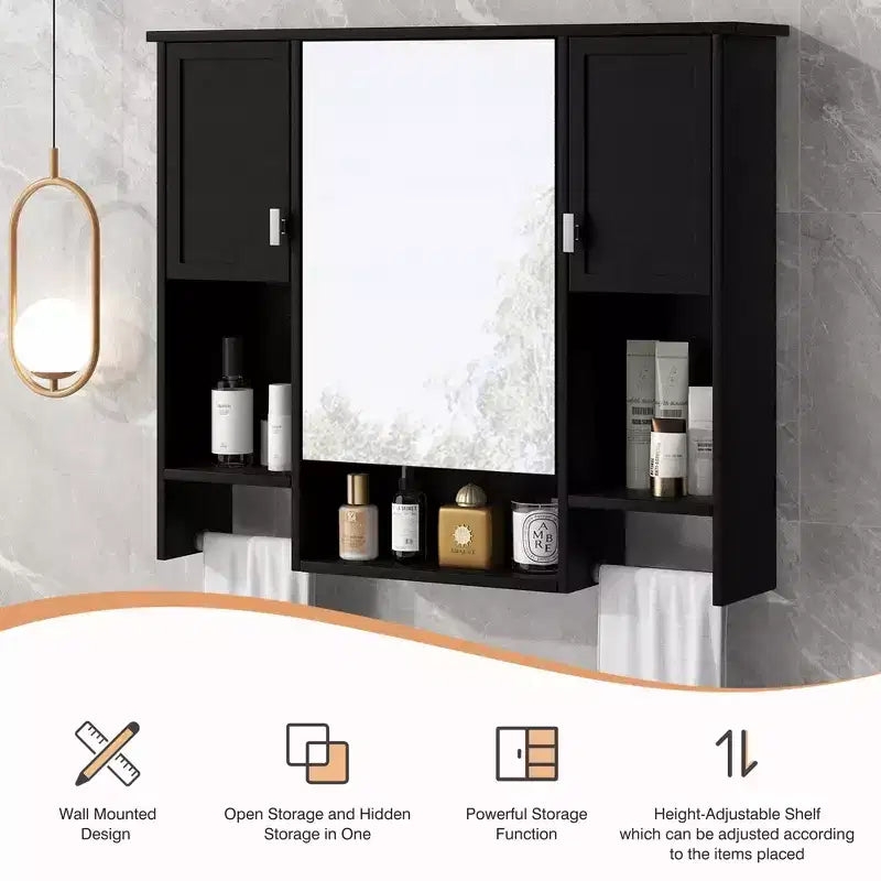 MAYEERTY 28.7 Wall Mounted Bathroom Mirror Cabinet with Concealed Storage 6 Open Shelves Medicine Cabinet Black