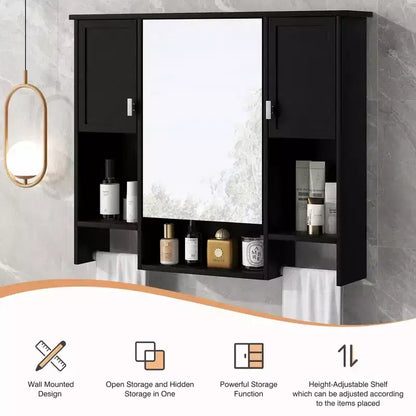 MAYEERTY 28.7 Wall Mounted Bathroom Mirror Cabinet with Concealed Storage 6 Open Shelves Medicine Cabinet Black
