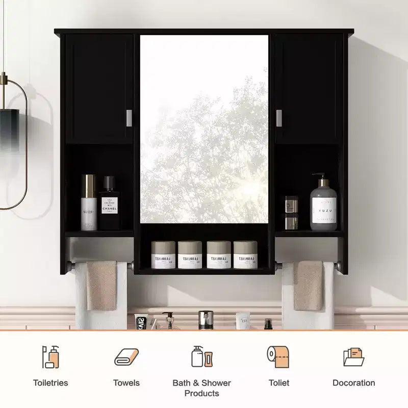 MAYEERTY 28.7 Wall Mounted Bathroom Mirror Cabinet with Concealed Storage 6 Open Shelves Medicine Cabinet Black