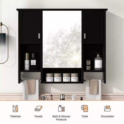 MAYEERTY 28.7 Wall Mounted Bathroom Mirror Cabinet with Concealed Storage 6 Open Shelves Medicine Cabinet Black