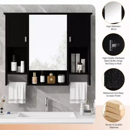 MAYEERTY 28.7 Wall Mounted Bathroom Mirror Cabinet with Concealed Storage 6 Open Shelves Medicine Cabinet Black