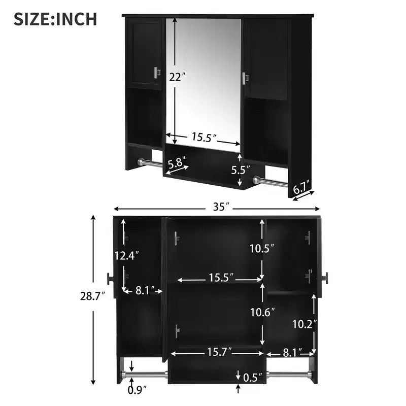 MAYEERTY 28.7 Wall Mounted Bathroom Mirror Cabinet with Concealed Storage 6 Open Shelves Medicine Cabinet Black