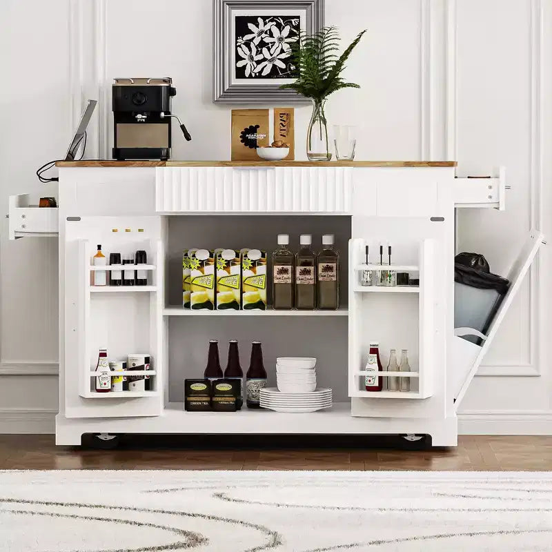 Îlot de cuisine noir cannelé de 48,5 pouces avec meuble de rangement pour poubelle, îlots de cuisine roulants sur 5 roues pour poubelle de 10 gallons