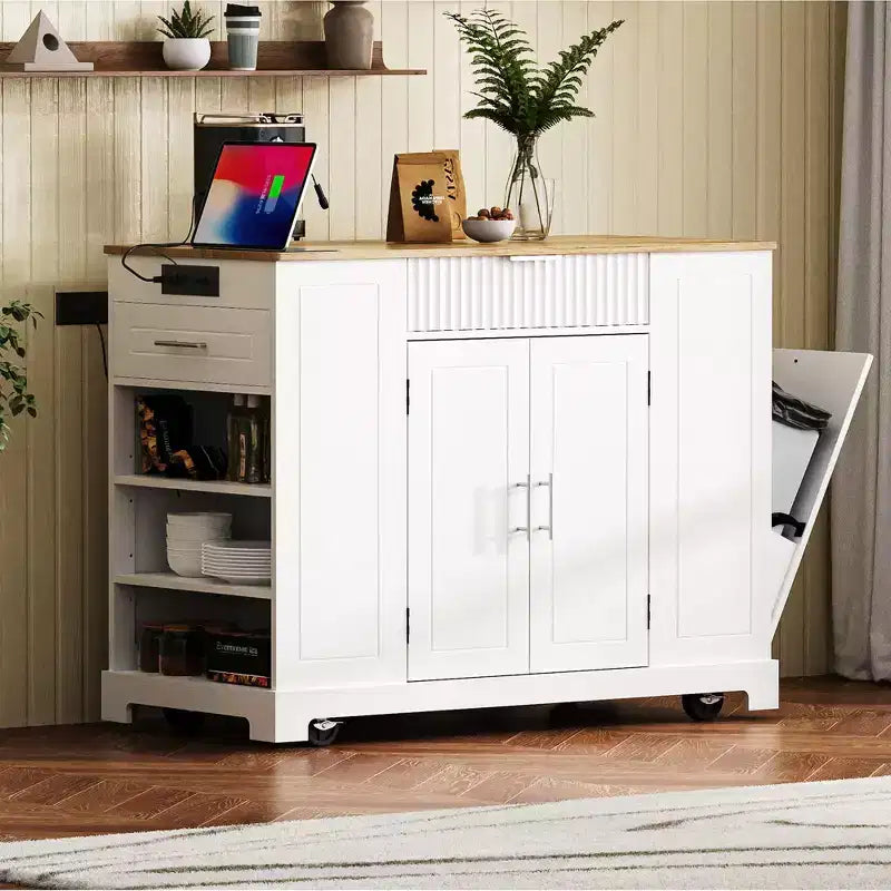 Îlot de cuisine noir cannelé de 48,5 pouces avec meuble de rangement pour poubelle, îlots de cuisine roulants sur 5 roues pour poubelle de 10 gallons