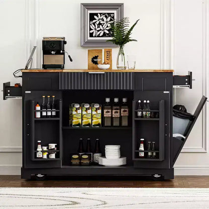 Îlot de cuisine noir cannelé de 48,5 pouces avec meuble de rangement pour poubelle, îlots de cuisine roulants sur 5 roues pour poubelle de 10 gallons