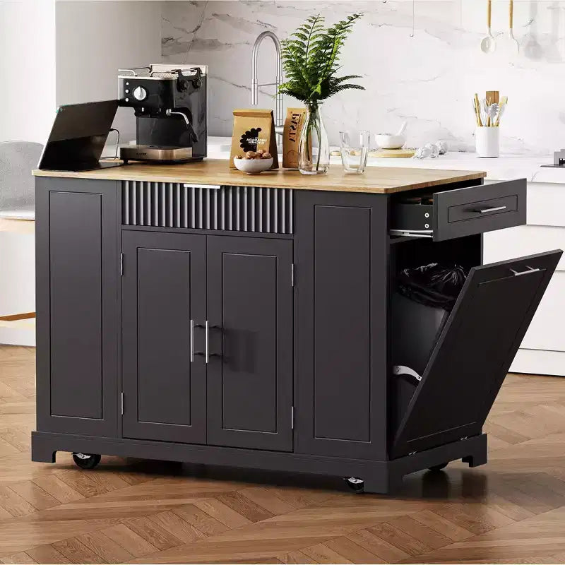 Îlot de cuisine noir cannelé de 48,5 pouces avec meuble de rangement pour poubelle, îlots de cuisine roulants sur 5 roues pour poubelle de 10 gallons