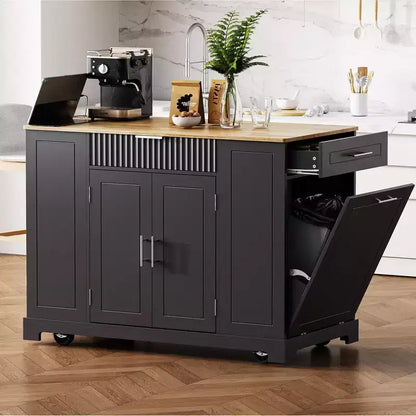 Îlot de cuisine noir cannelé de 48,5 pouces avec meuble de rangement pour poubelle, îlots de cuisine roulants sur 5 roues pour poubelle de 10 gallons