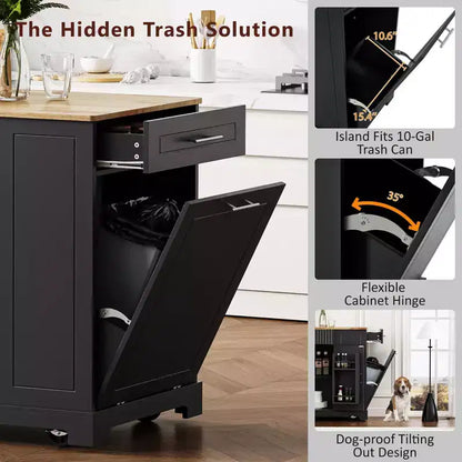Îlot de cuisine noir cannelé de 48,5 pouces avec meuble de rangement pour poubelle, îlots de cuisine roulants sur 5 roues pour poubelle de 10 gallons