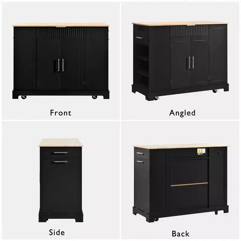 Îlot de cuisine noir cannelé de 48,5 pouces avec meuble de rangement pour poubelle, îlots de cuisine roulants sur 5 roues pour poubelle de 10 gallons